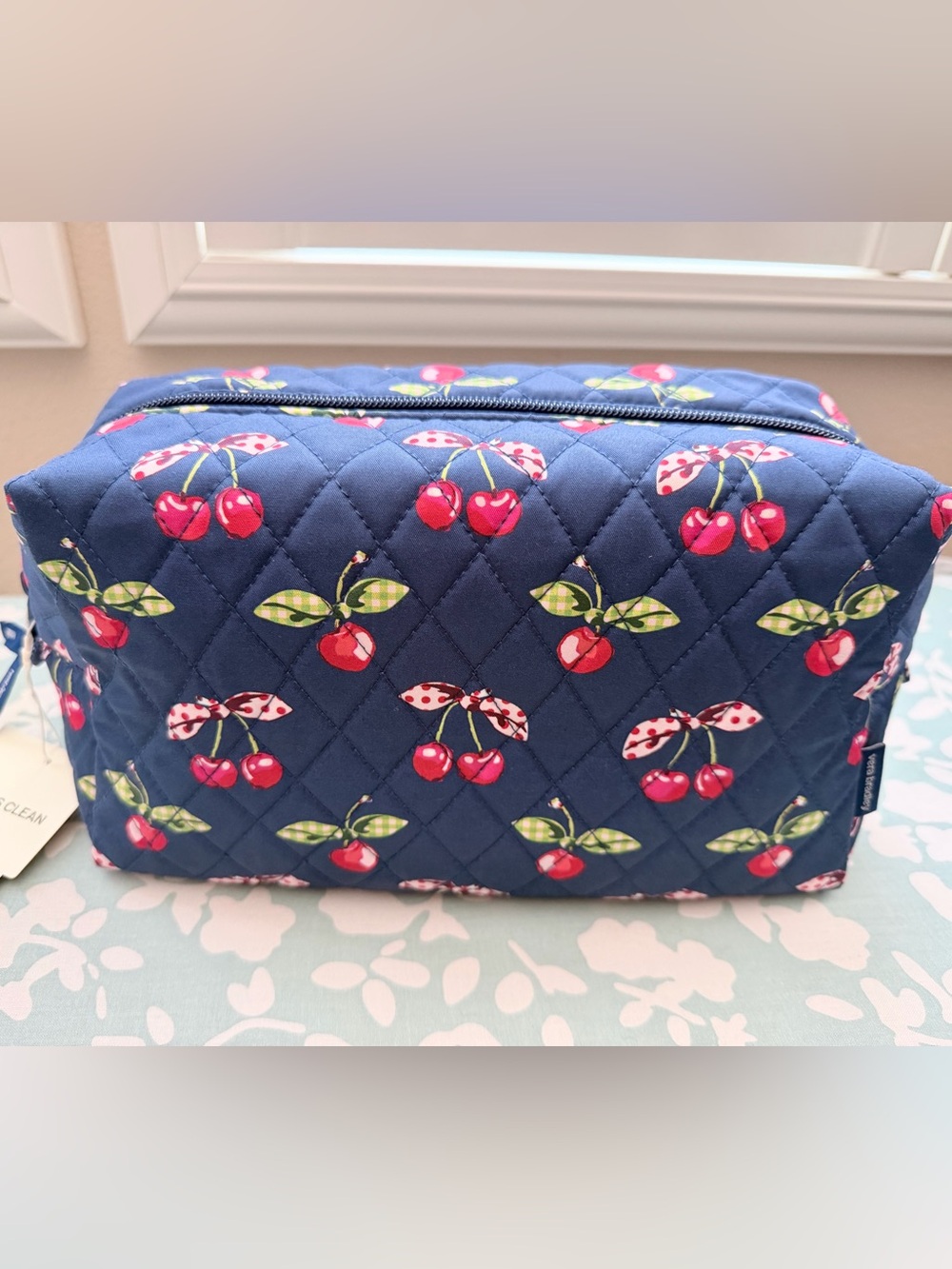 Vera Bradley Large Navy Quilted Cosmetic Pouch with Red Cherry Print - Brand New